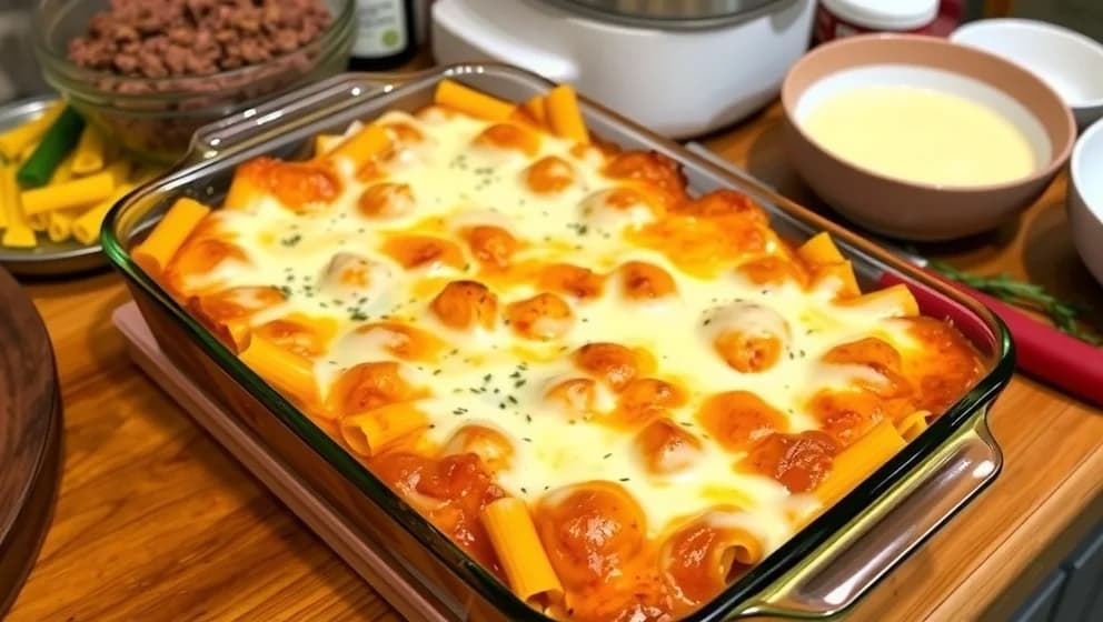 Köttfärs och pasta gratäng med crème fraîche