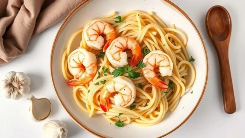Räkor i vitlöksgrädde med pasta