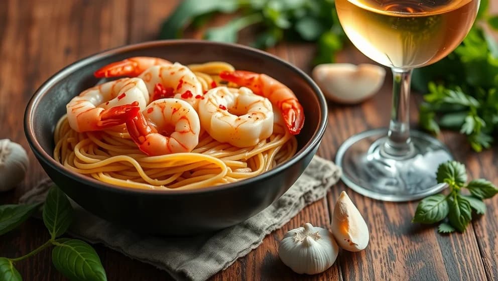 Pasta räkor chili vitlök vitt vin