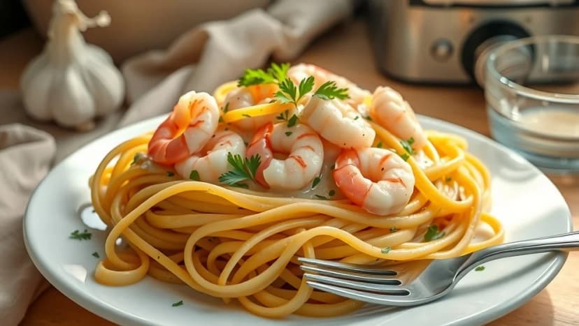 Pasta räkor crème fraiche och vitlök