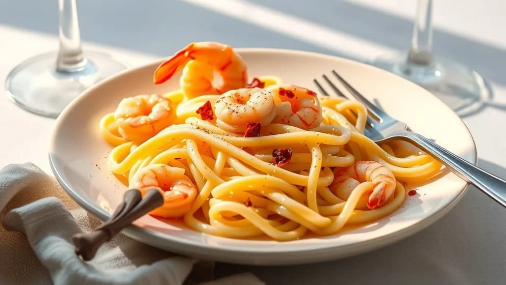 Pasta scampi chili med vitlök och grädde
